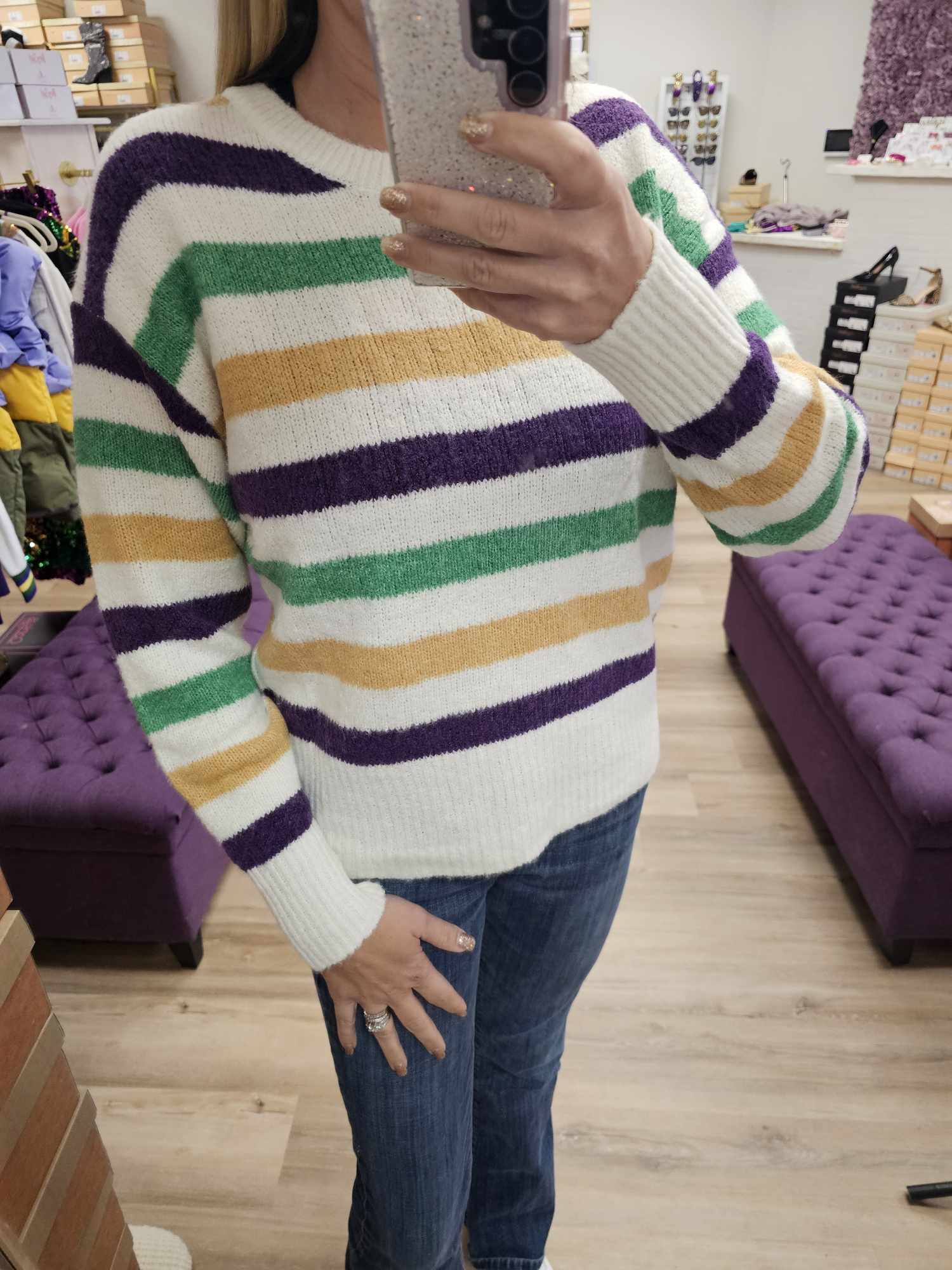 MARDI GRAS COLOR STRIPE ROUND NECK SWEATER TOP