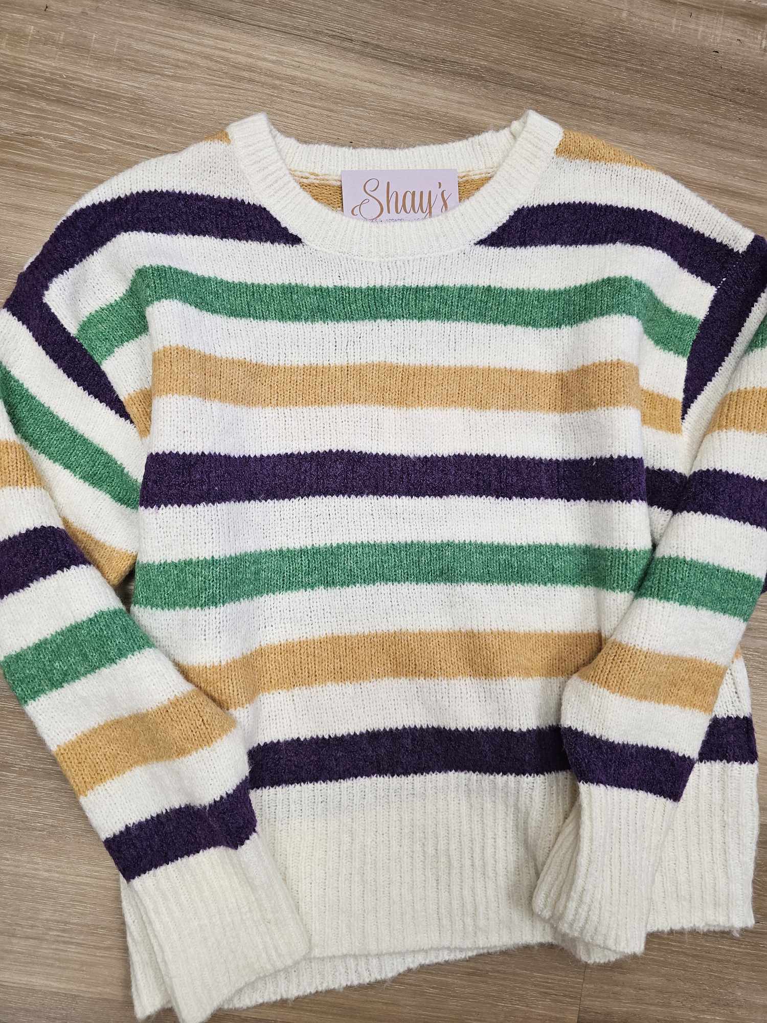 MARDI GRAS COLOR STRIPE ROUND NECK SWEATER TOP