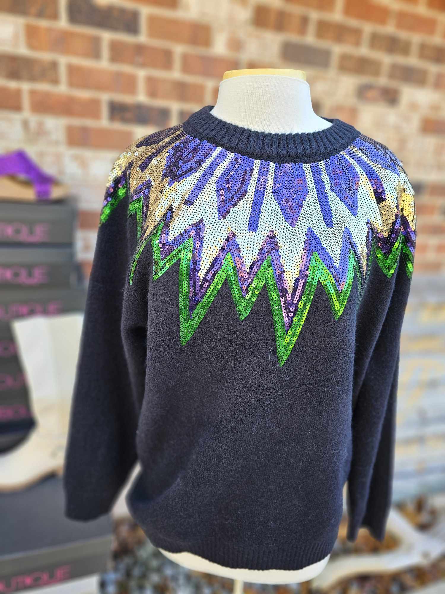 Mardi Gras Sequin Detail Sweater Top- Long Sleeve
