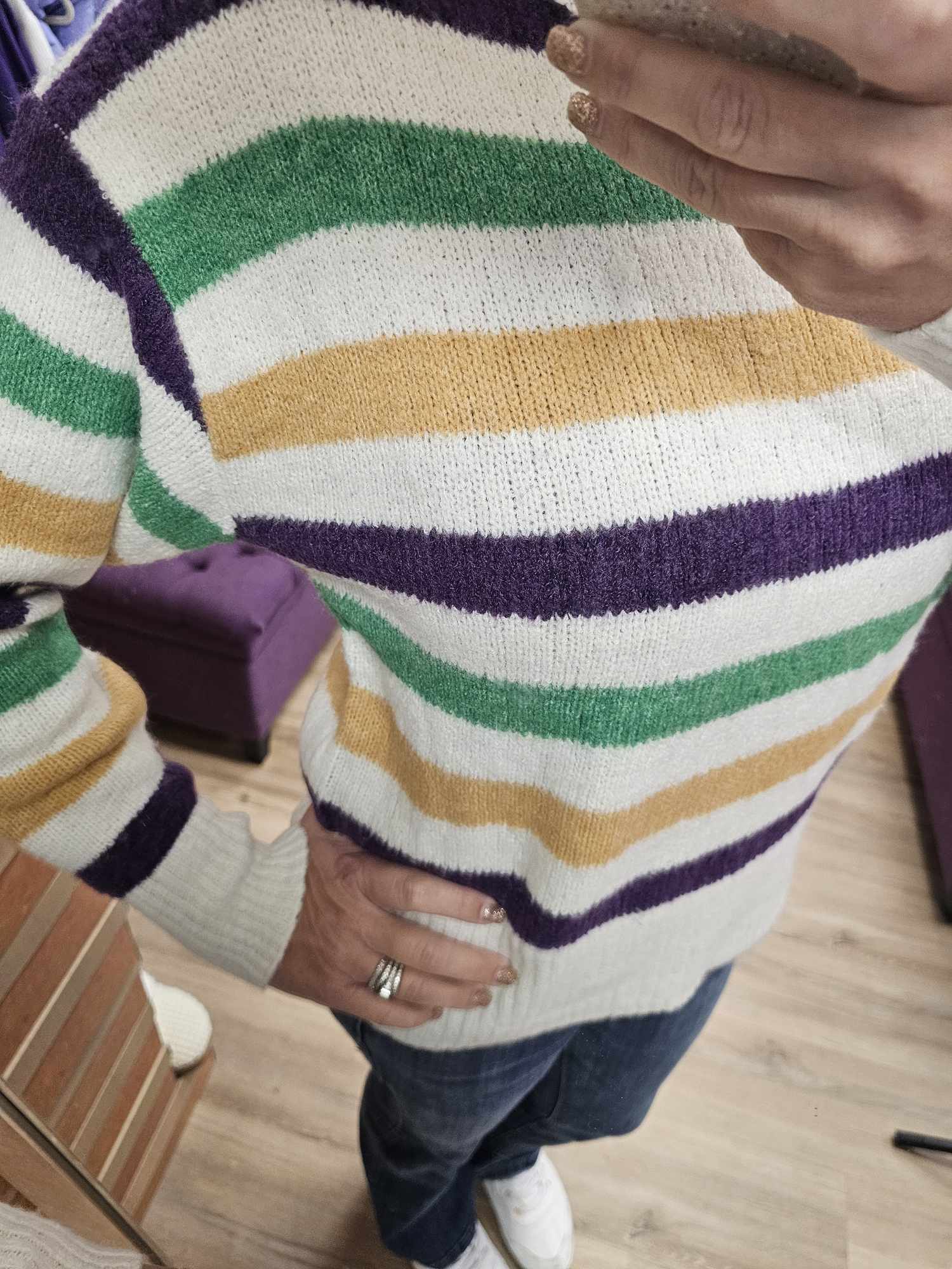 MARDI GRAS COLOR STRIPE ROUND NECK SWEATER TOP