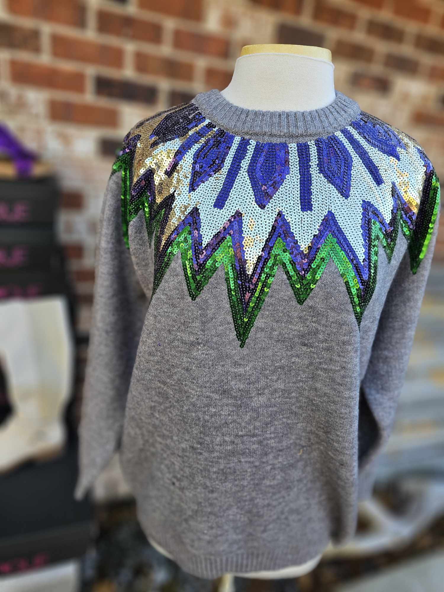 Mardi Gras Sequin Detail Sweater Top- Long Sleeve