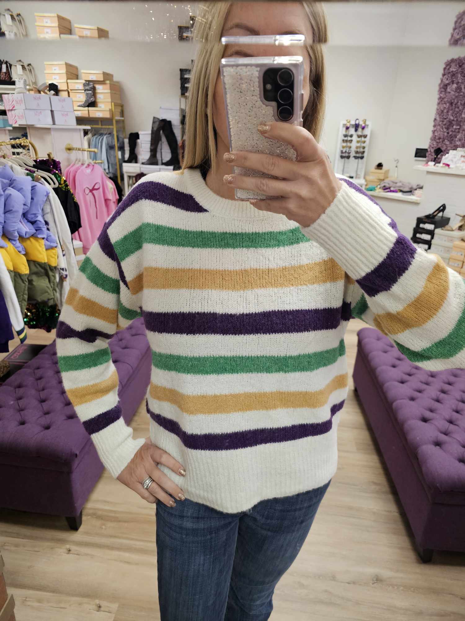 MARDI GRAS COLOR STRIPE ROUND NECK SWEATER TOP