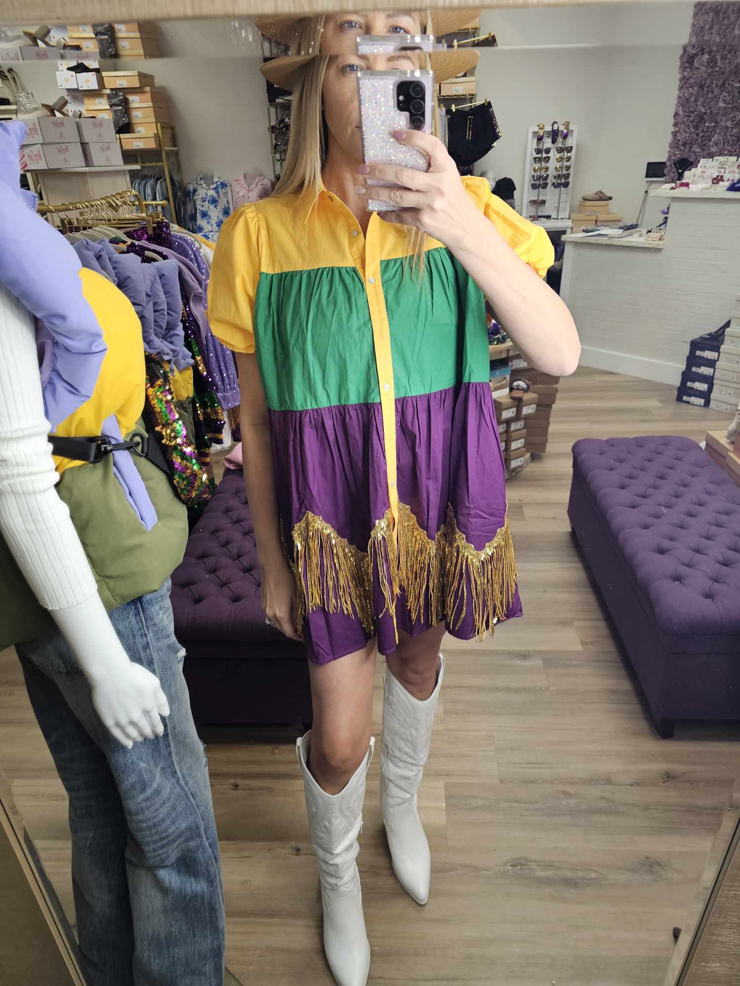 Color Block Mardi Gras Dress With Foil Fringe