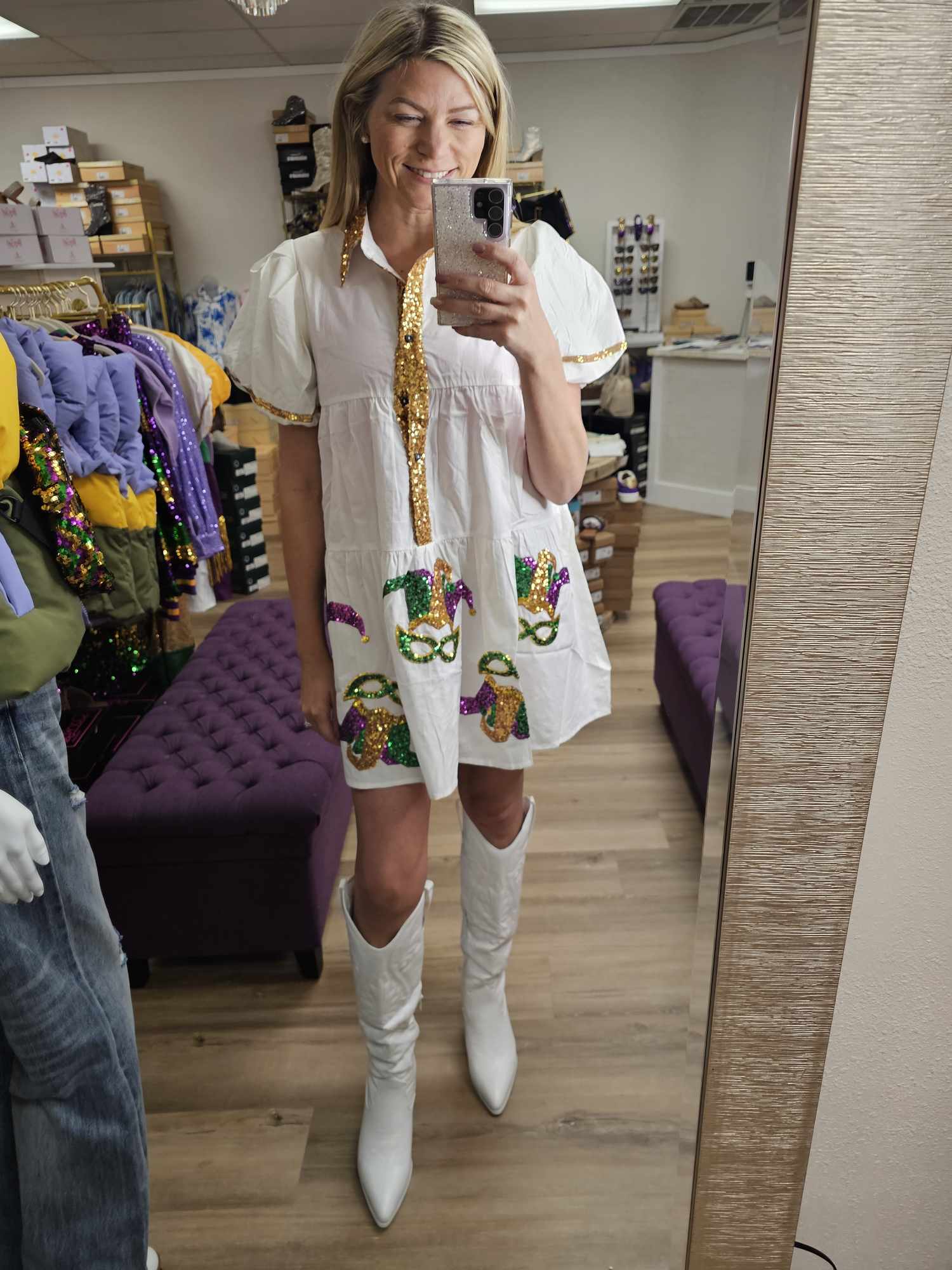 Sequin Mardi Gras Mask Poplin Shirt Dress