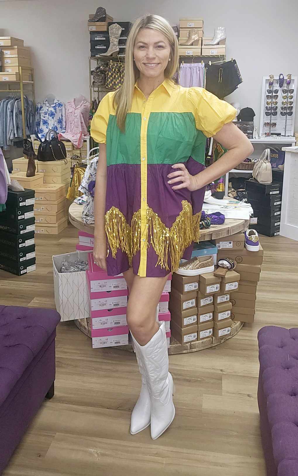 Color Block Mardi Gras Dress With Foil Fringe