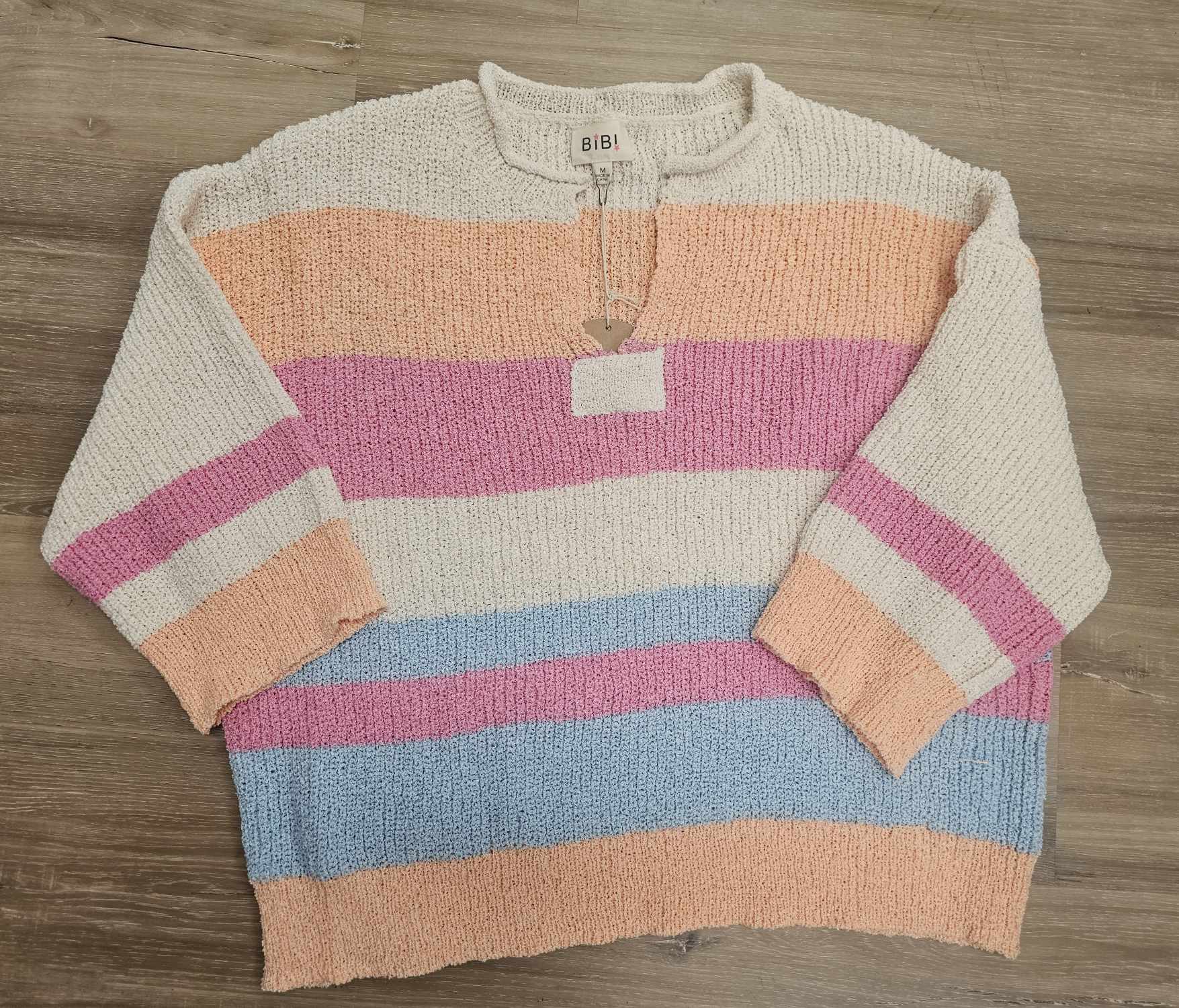 Striped Notch Neck Quarter Sleeve Sweater Top