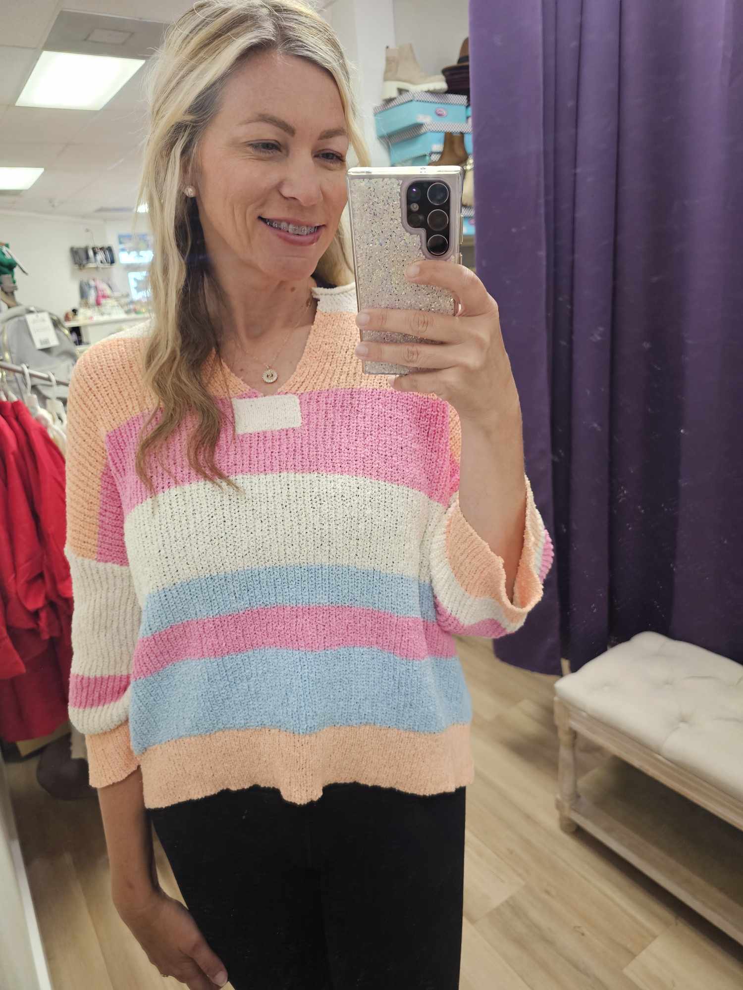 Striped Notch Neck Quarter Sleeve Sweater Top