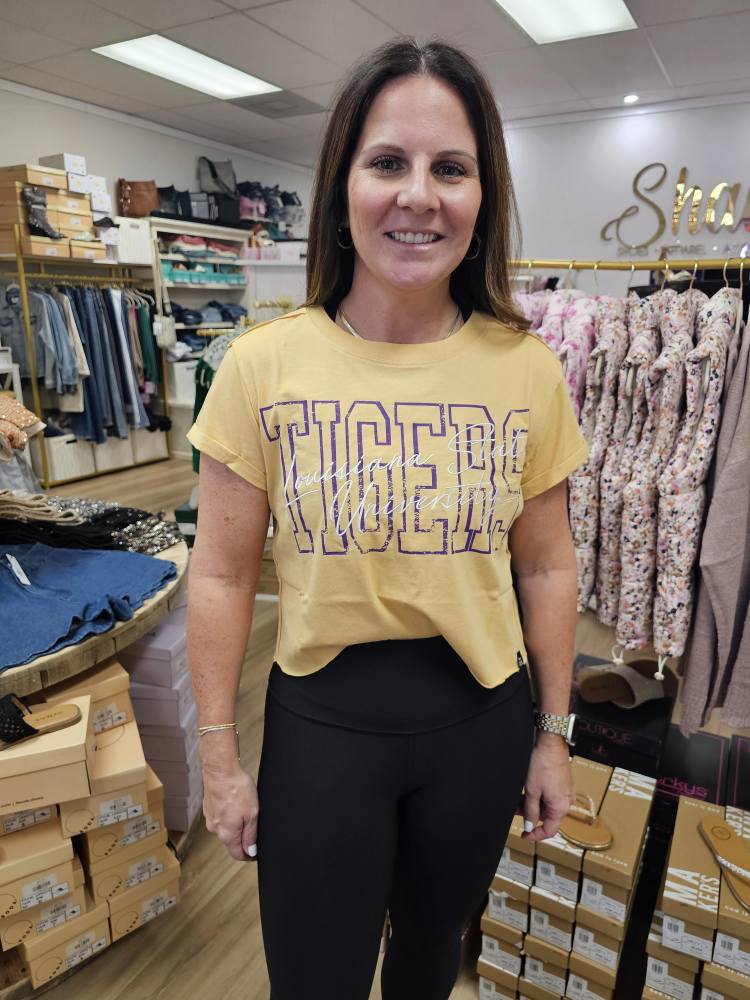 LSU- Owen Outline Embroidered Crop Tee