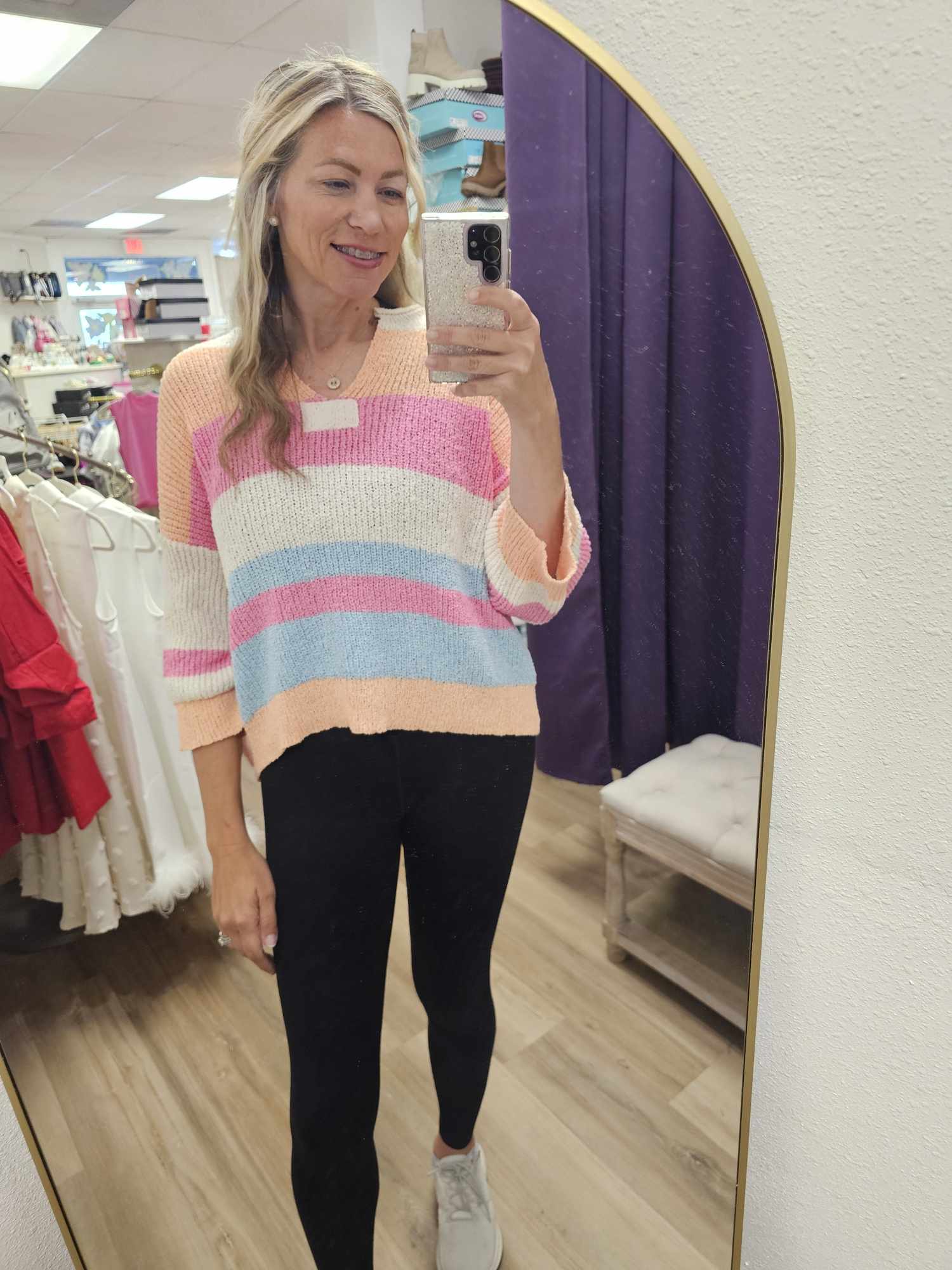 Striped Notch Neck Quarter Sleeve Sweater Top
