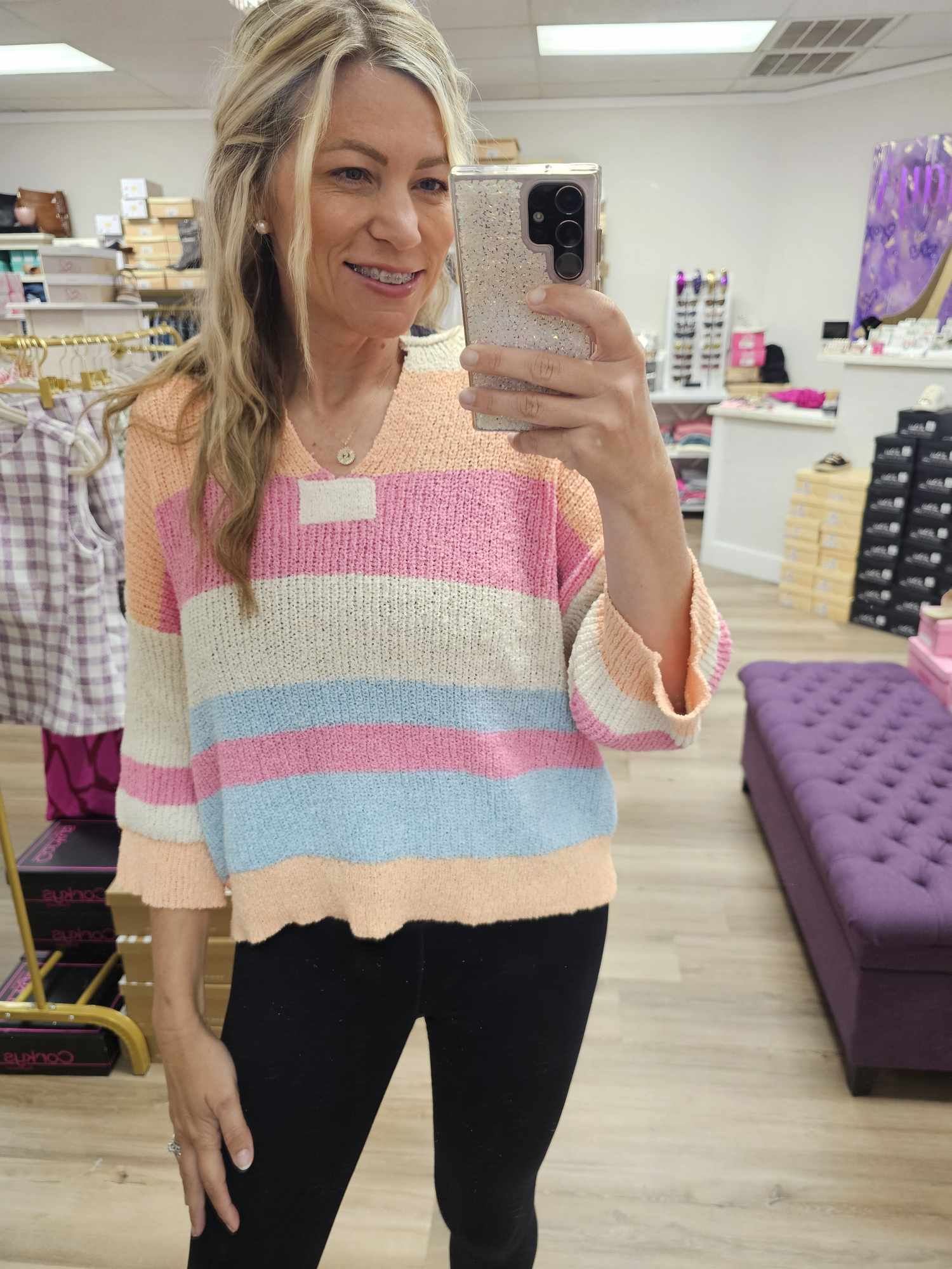 Striped Notch Neck Quarter Sleeve Sweater Top