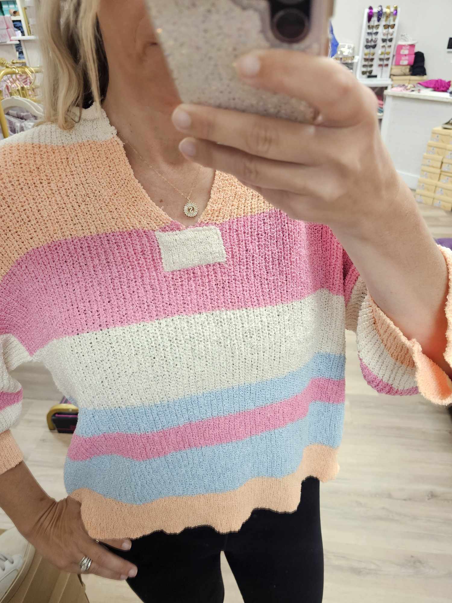 Striped Notch Neck Quarter Sleeve Sweater Top