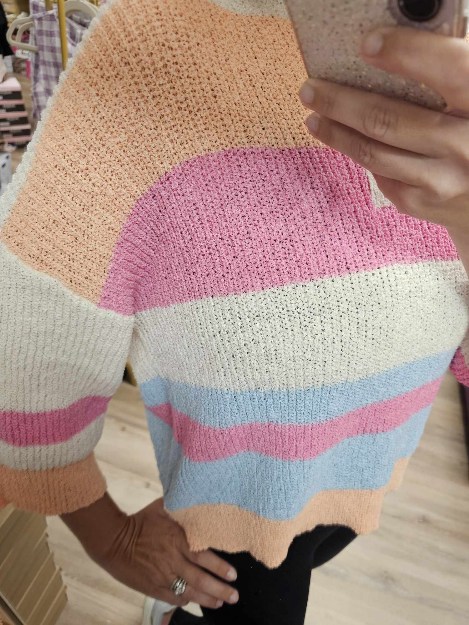 Striped Notch Neck Quarter Sleeve Sweater Top