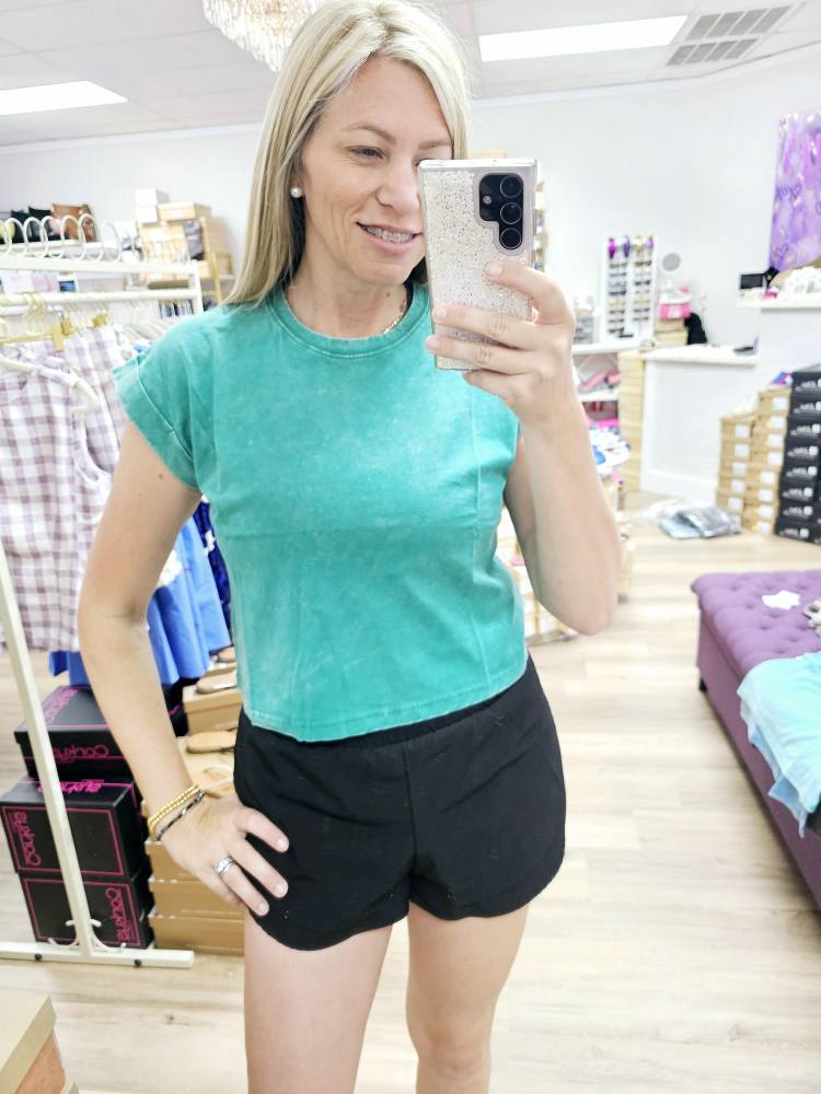 Garment Washed COTTON CROP- FOLDED SLEEVE TOP