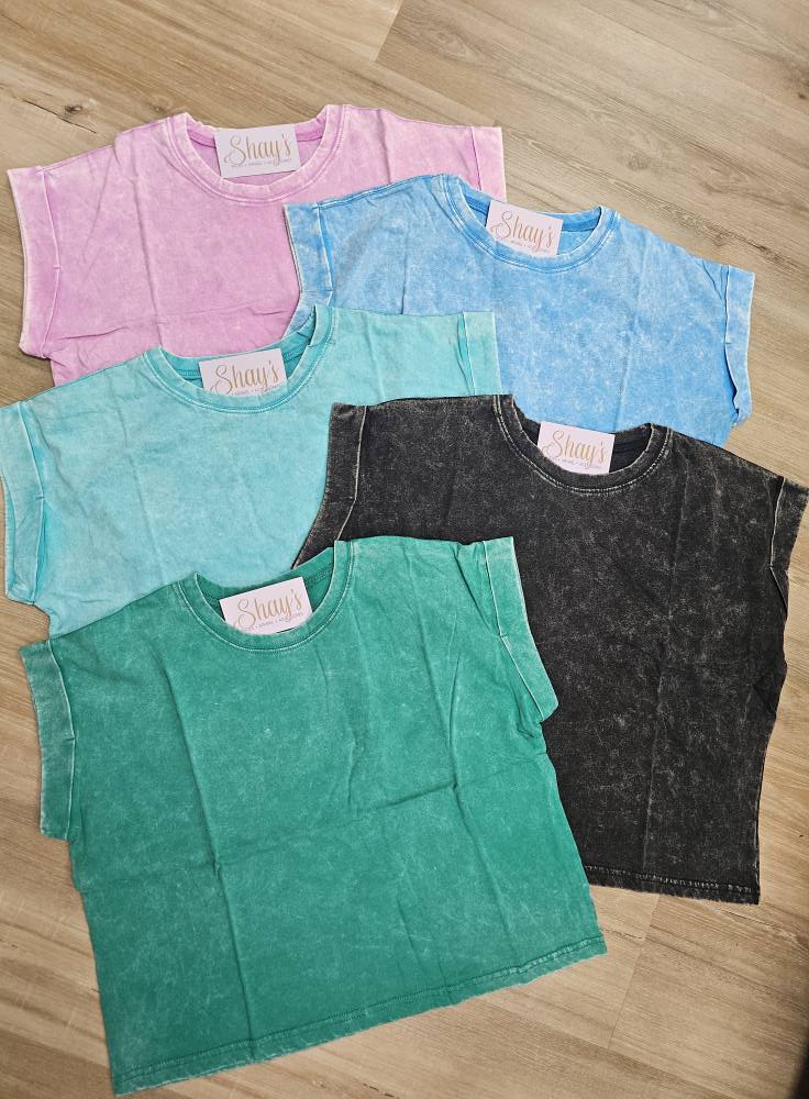 Garment Washed COTTON CROP- FOLDED SLEEVE TOP