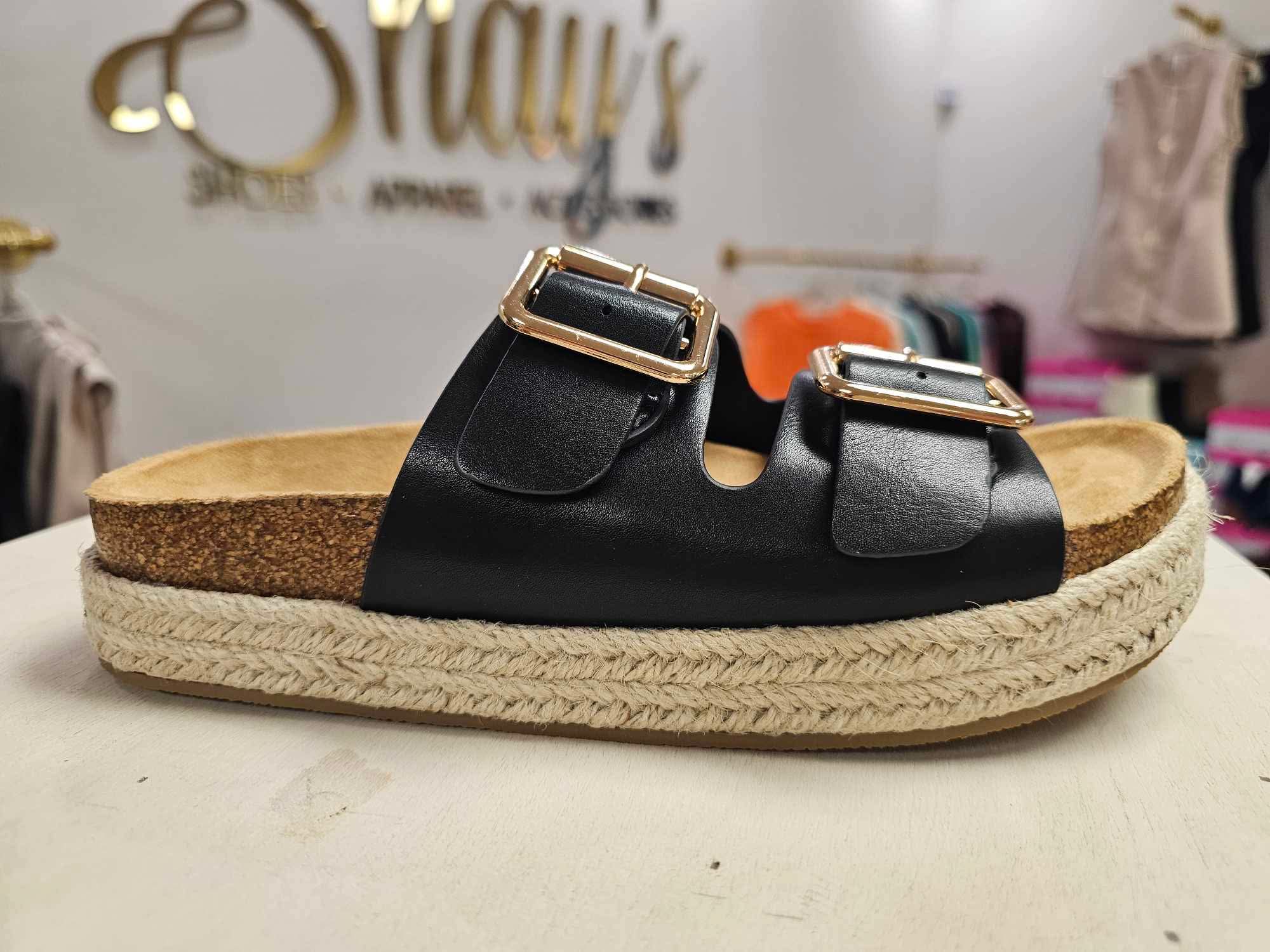 Marfa- Black 2 strap sandal with gold accents