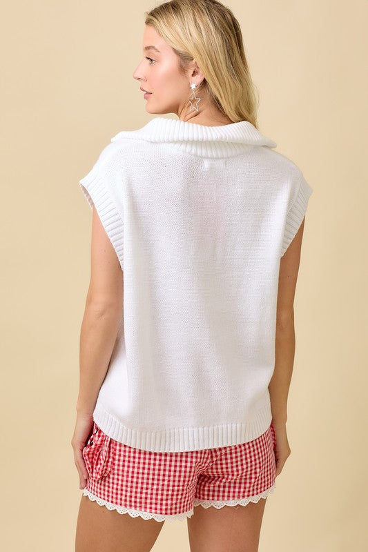 Half Zip American Flag Sleeveless Sweater Top