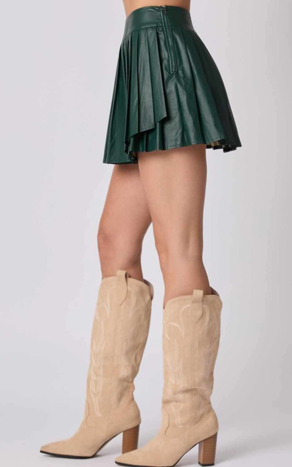 Love Green Leather Pleated Skirt