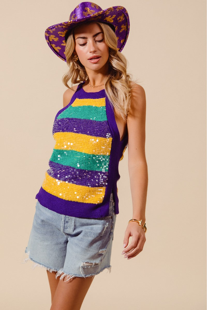MARDI GRAS COLOR WIDE STRIPE CLEAR SEQUINS TANK TOP