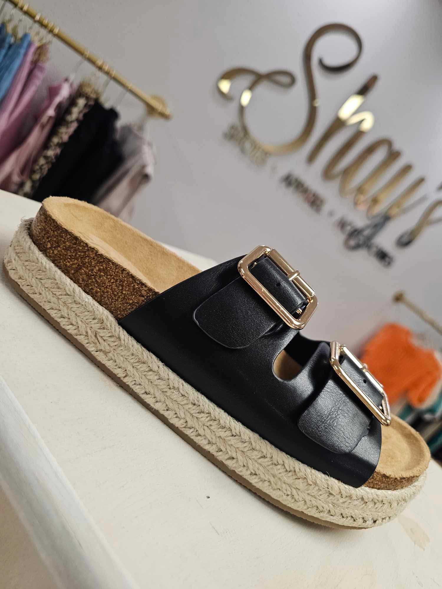 Marfa- Black 2 strap sandal with gold accents