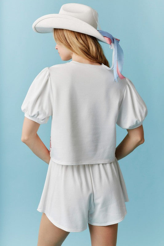 Gingham Bow Detail Puff Sleeve Top