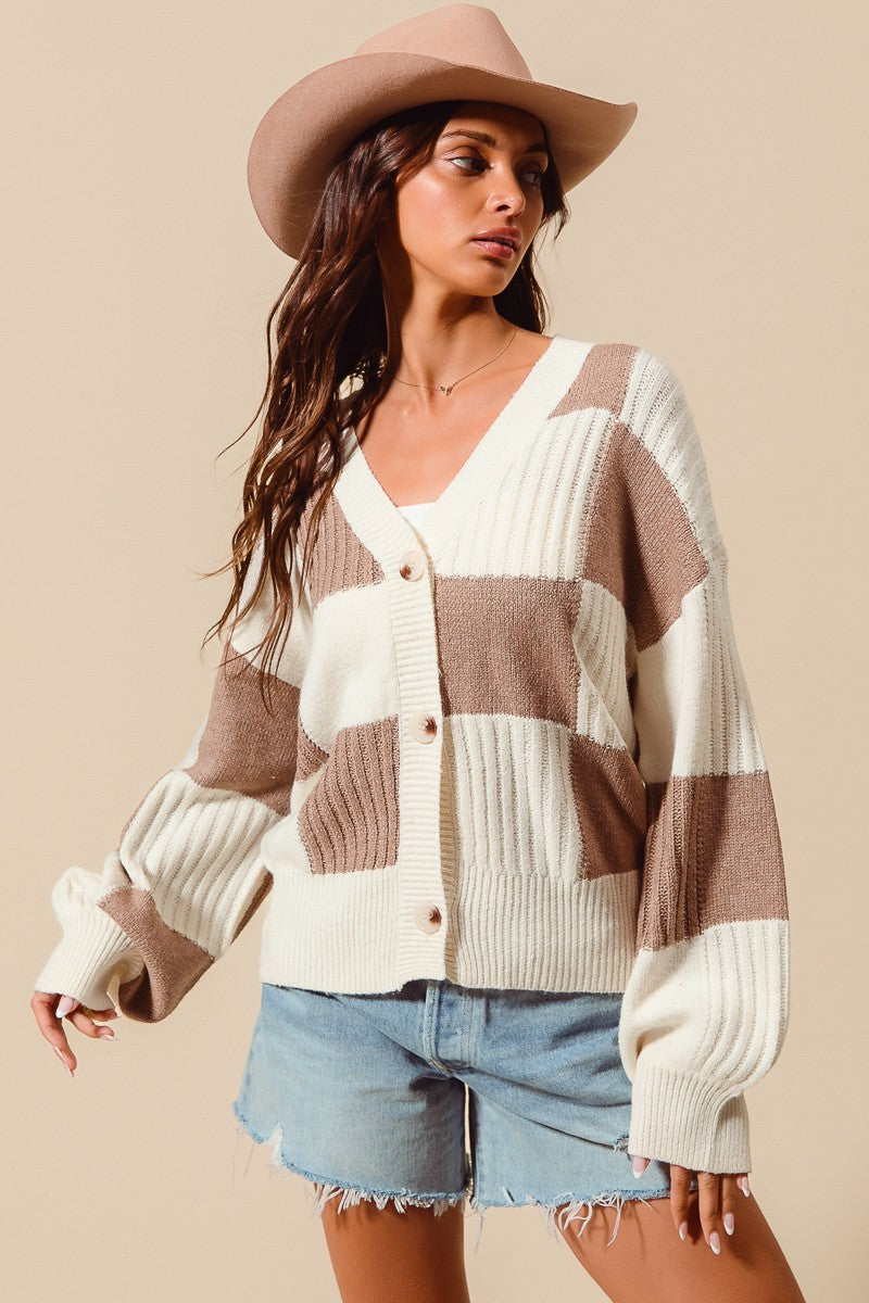 Monica- Checkered Button Front Textured Sweater Cardigan
