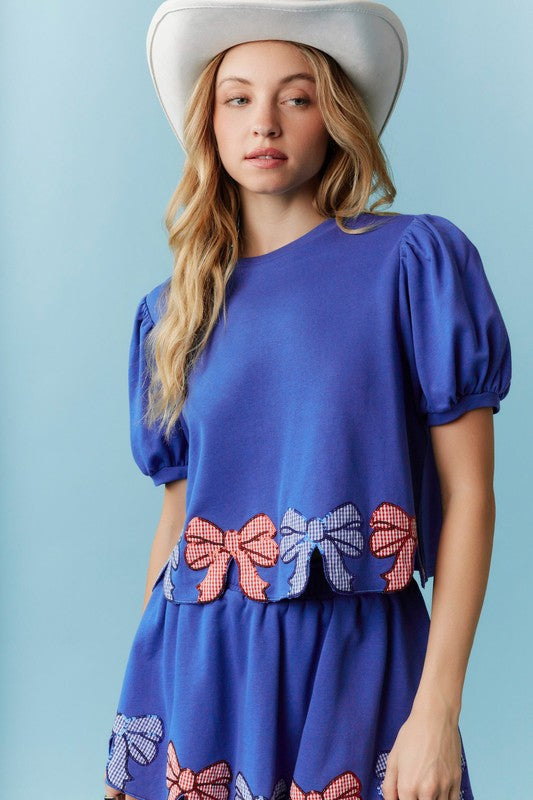 Gingham Bow Detail Puff Sleeve Top