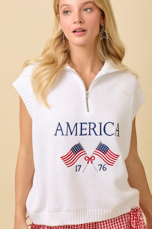 Half Zip American Flag Sleeveless Sweater Top