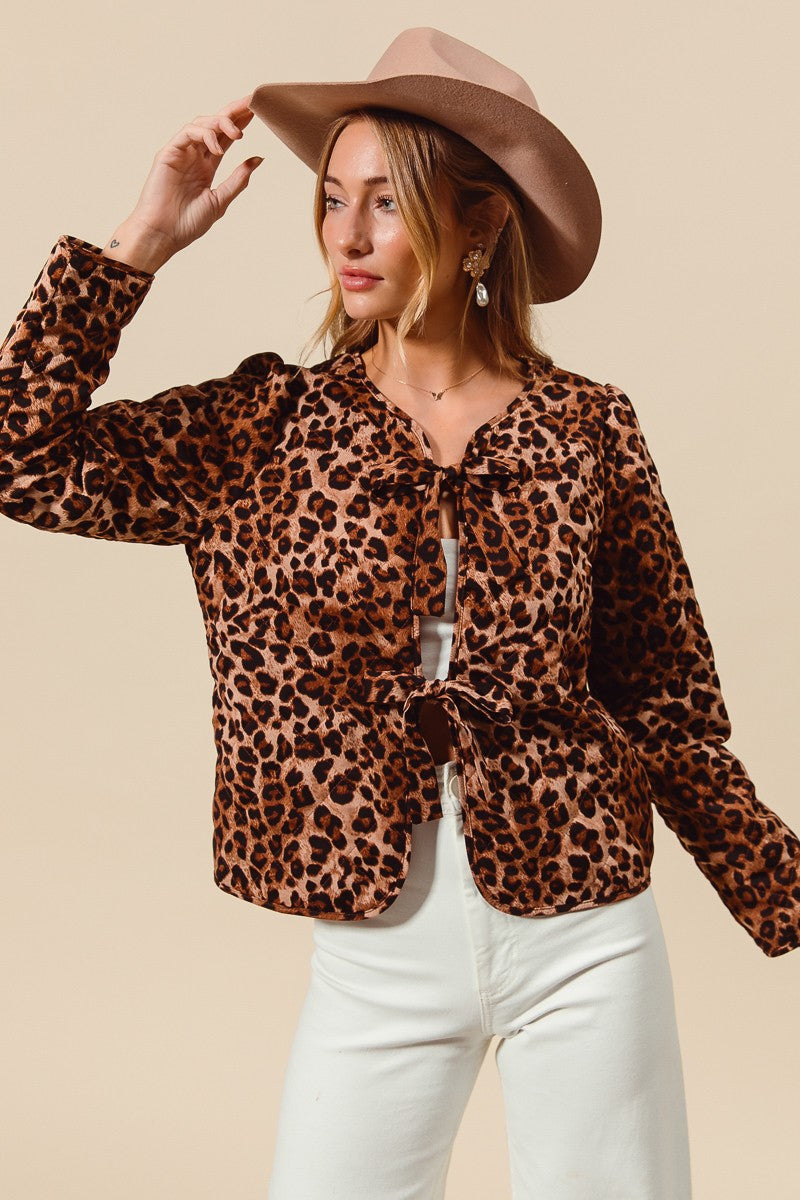Elle- Quilted Leopard Bow Tie Front Jacket