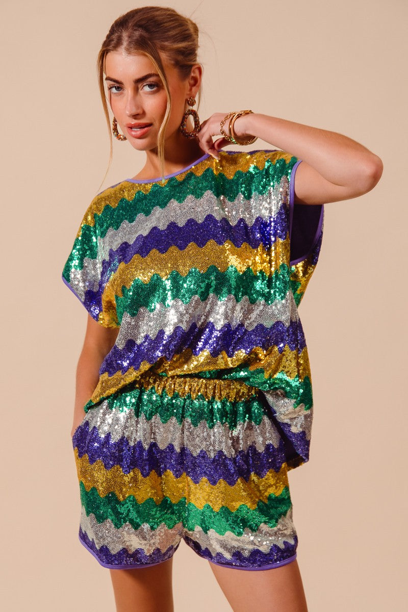 MARDI GRAS WAVY SEQUIN SHORTS