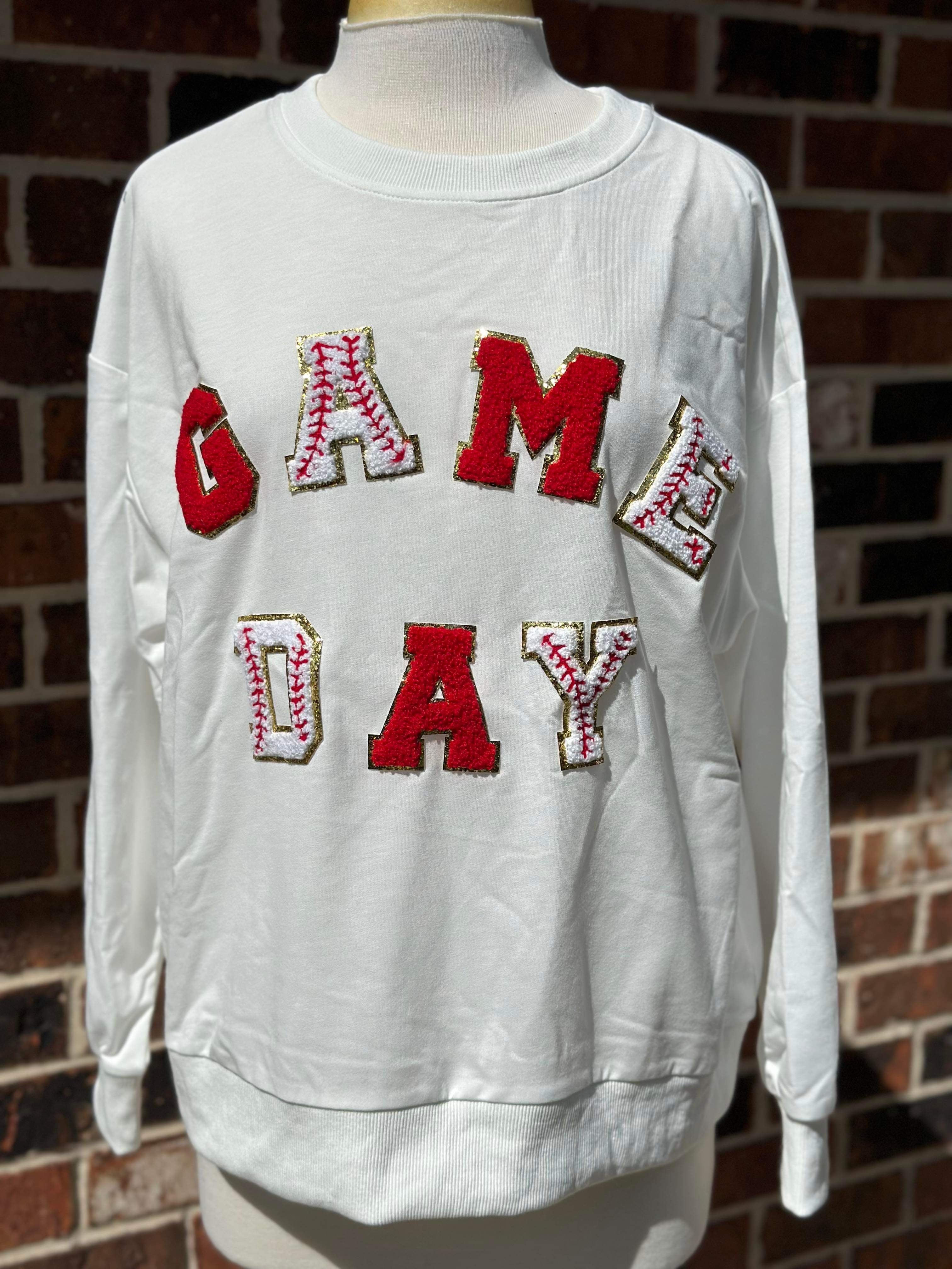 Baseball Chenille Gameday Patches Pullover - WHITE