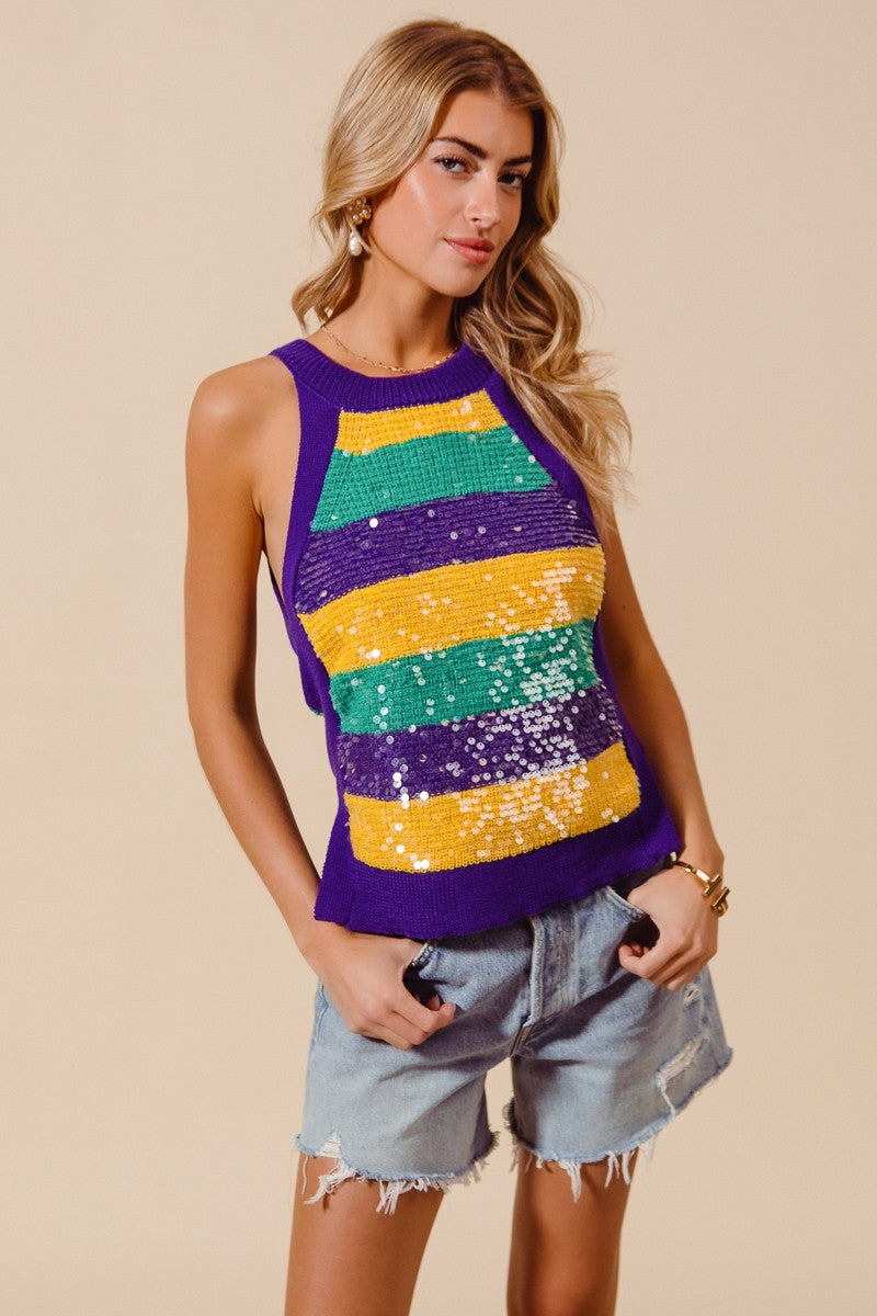 MARDI GRAS COLOR WIDE STRIPE CLEAR SEQUINS TANK TOP