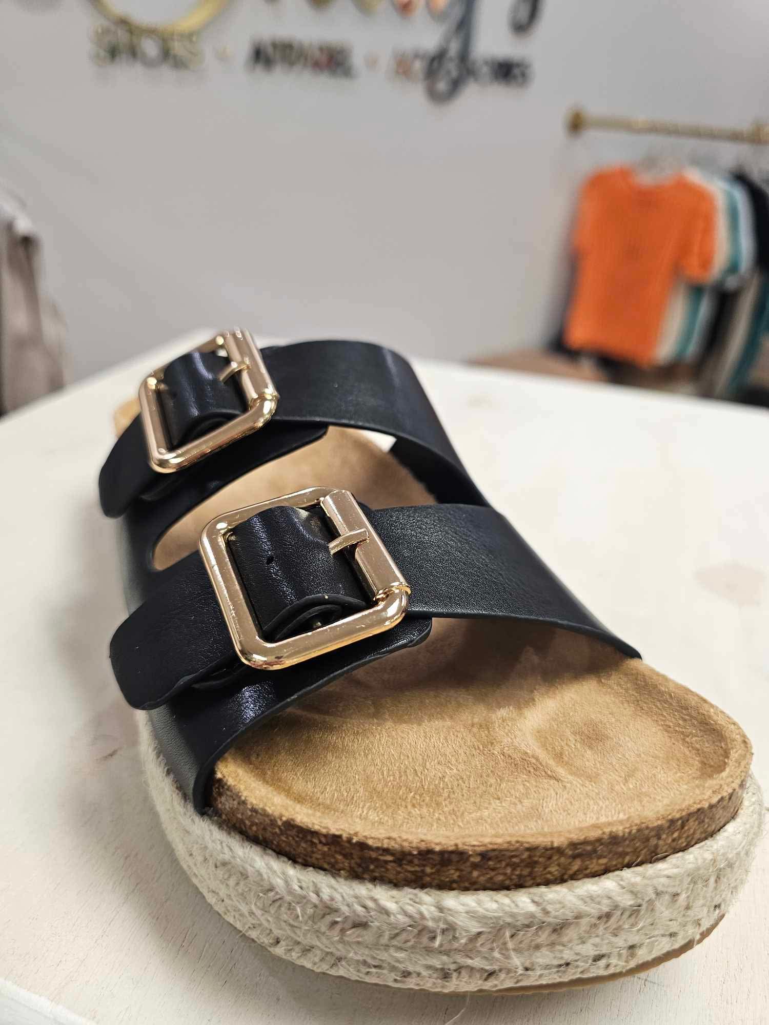 Marfa- Black 2 strap sandal with gold accents