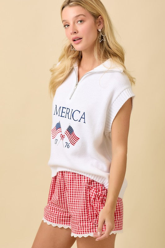 Half Zip American Flag Sleeveless Sweater Top