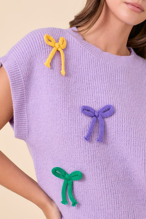 Mardi Gras Ribbon Bow Knit Top