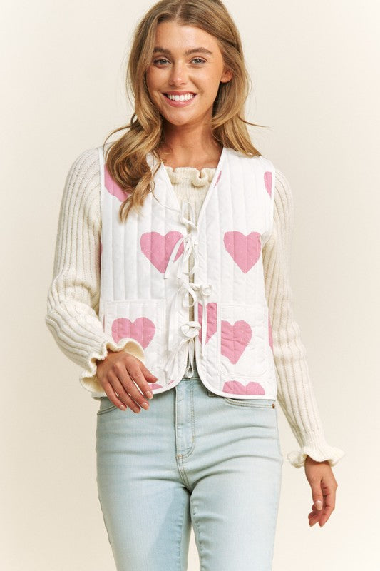 Quilted Heart Print Bow Accent Vest