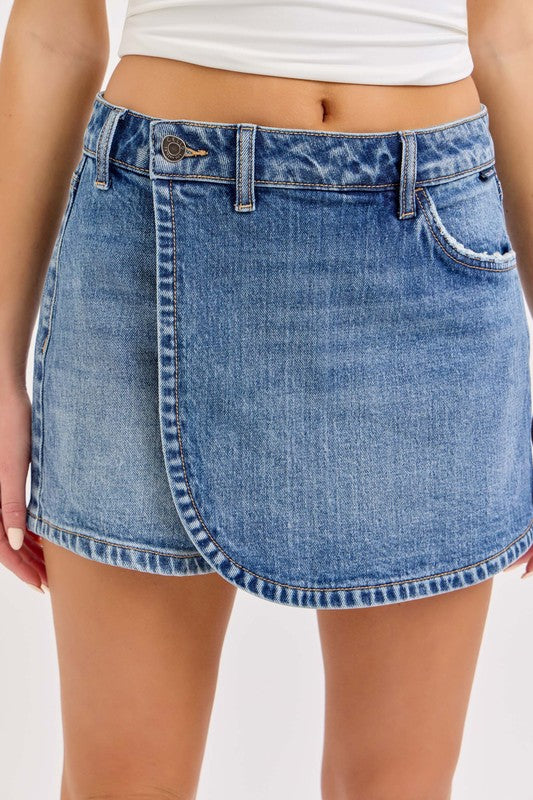 Mid Waisted Cross Over Denim Skort