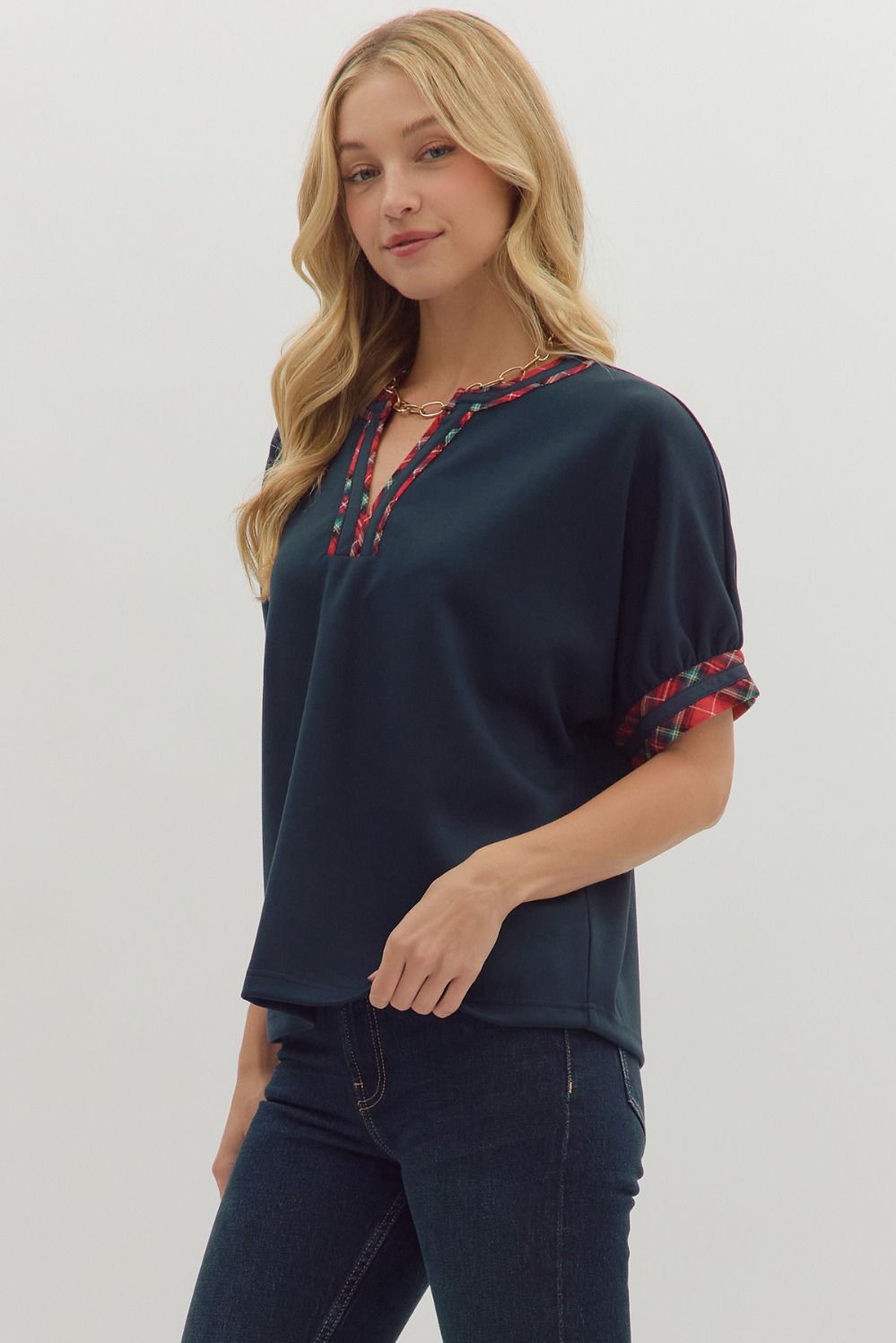 Trimmed In Plaid Top