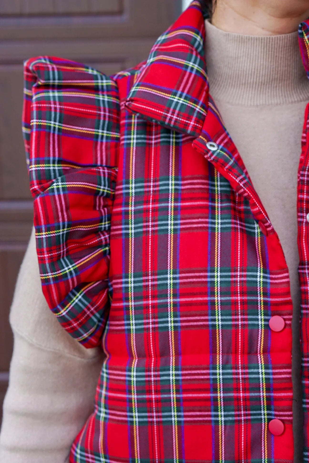 Plaid Perfection Christmas Ruffled Puffer Vest