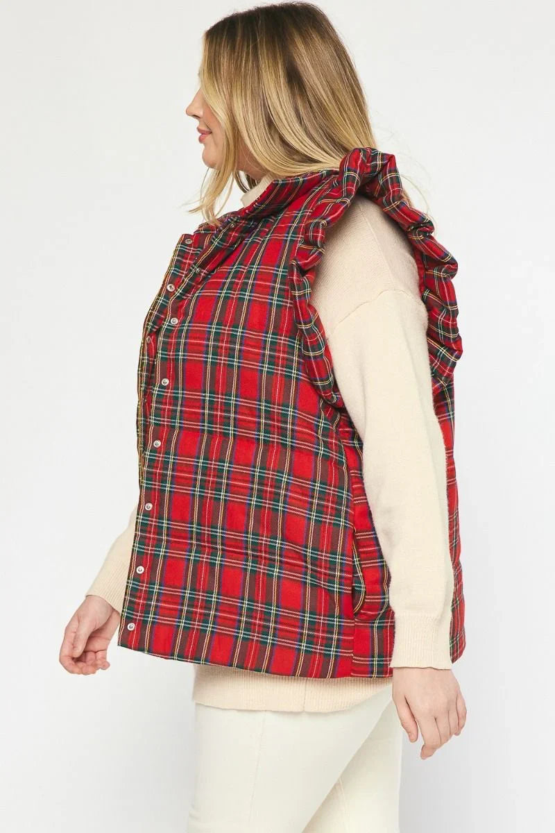 Plaid Perfection Christmas Ruffled Puffer Vest