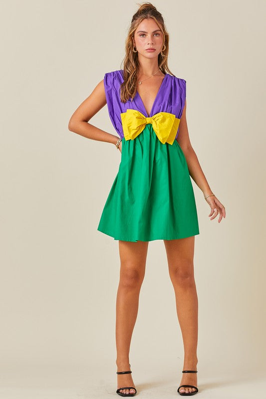 Mardi Gras Bow Detail Romper Dress