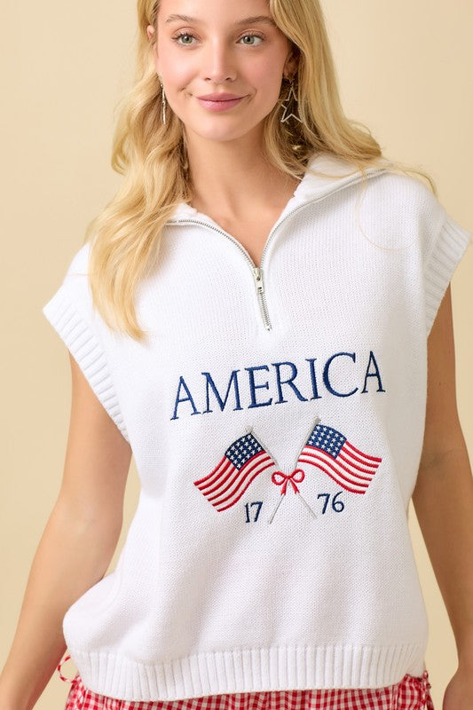 Half Zip American Flag Sleeveless Sweater Top