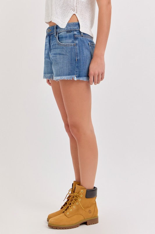Mid Rise Frayed Hem Denim Shorts
