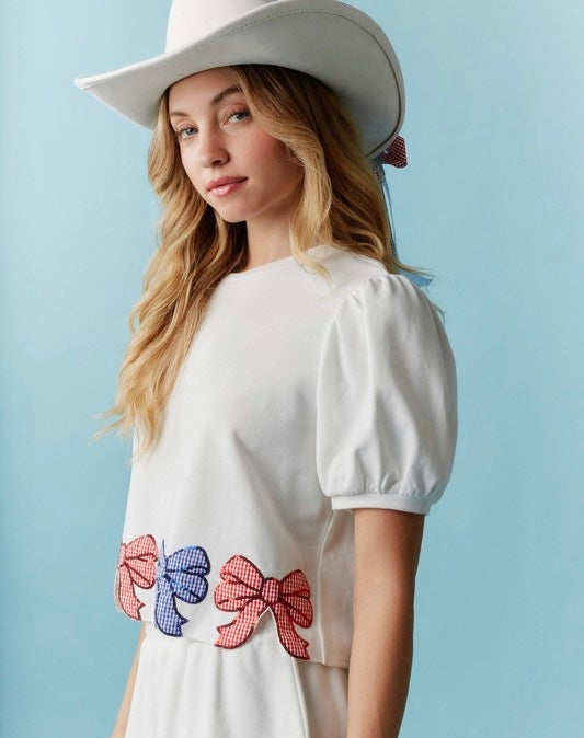 Gingham Bow Detail Puff Sleeve Top