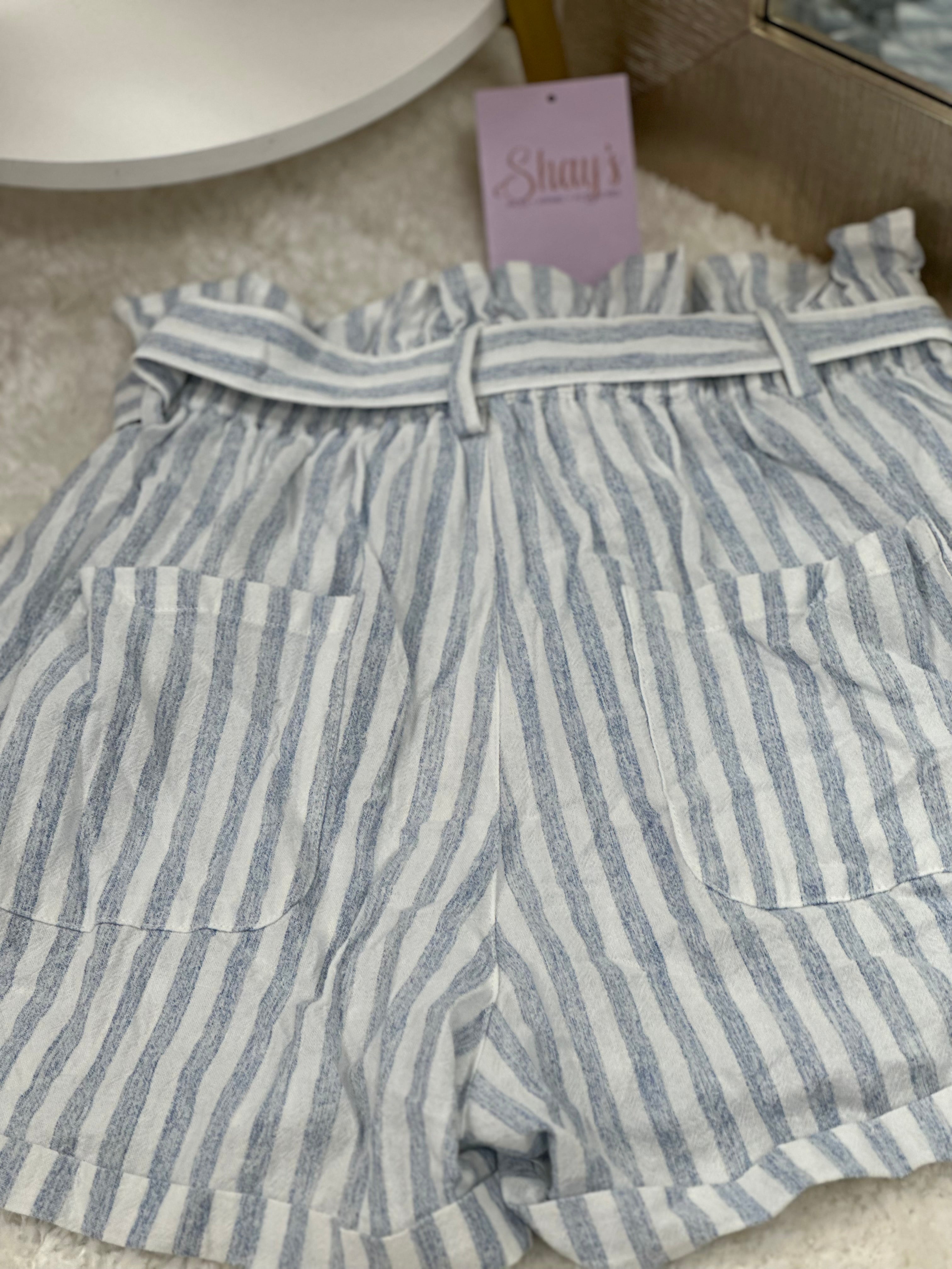 Striped Cotton Elastic Shorts - Blue