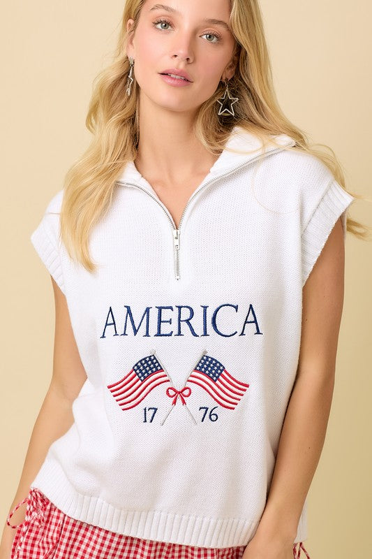 Half Zip American Flag Sleeveless Sweater Top