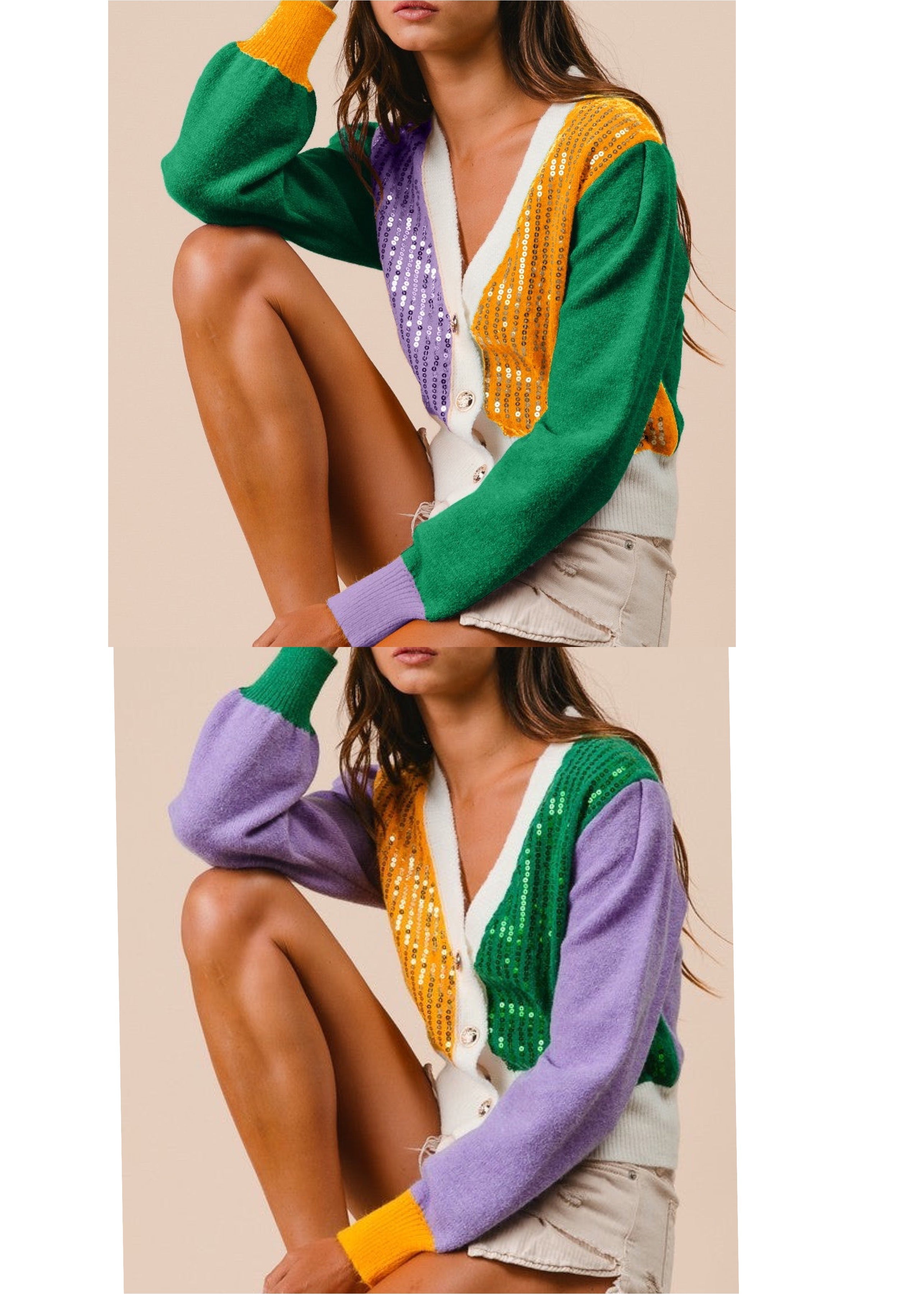 MARDI GRAS COLOR BLOCK SEQUIN SWEATER CARDIGAN