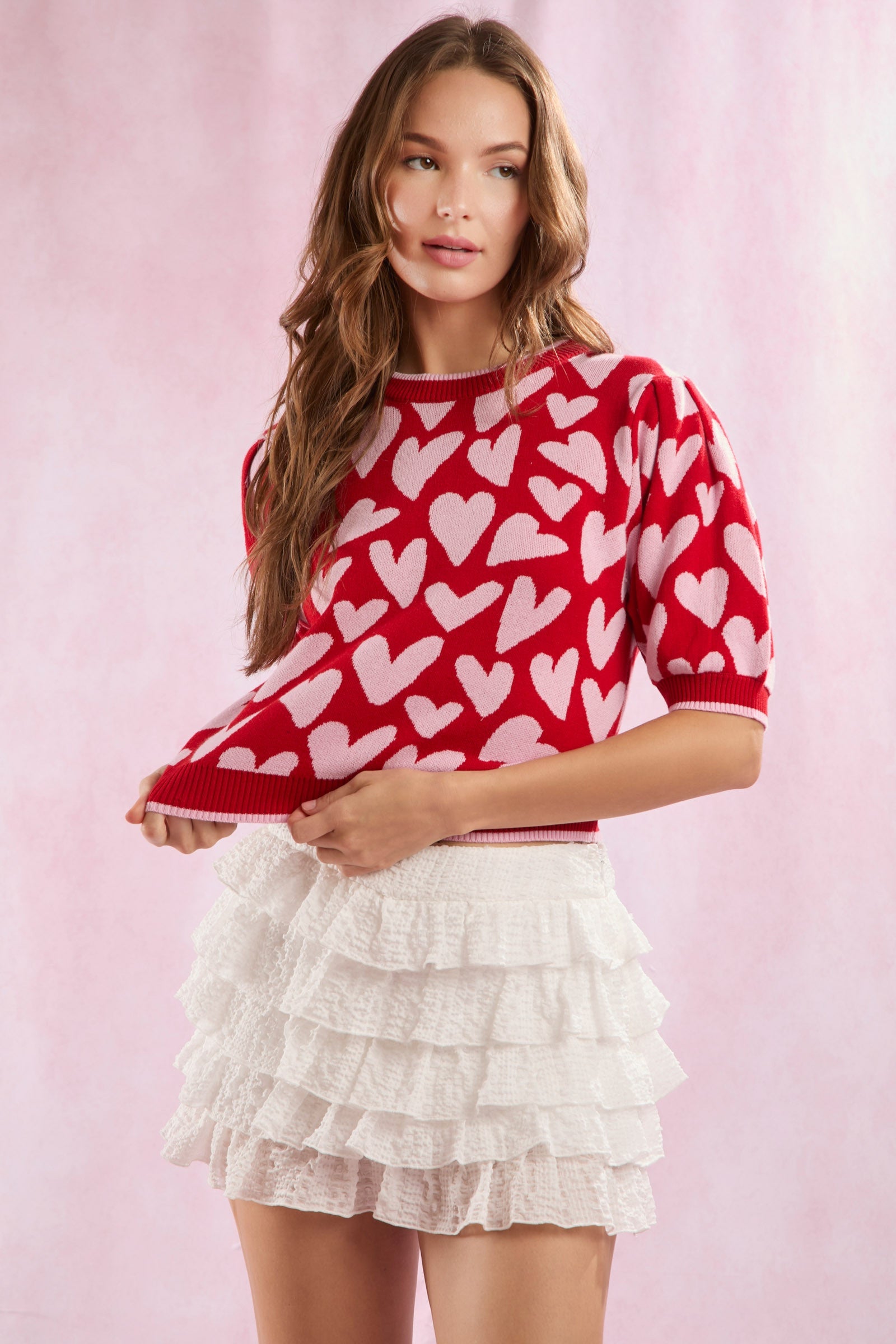 HEARTS- Heart Pattern Short Puff Sleeve Sweater Top
