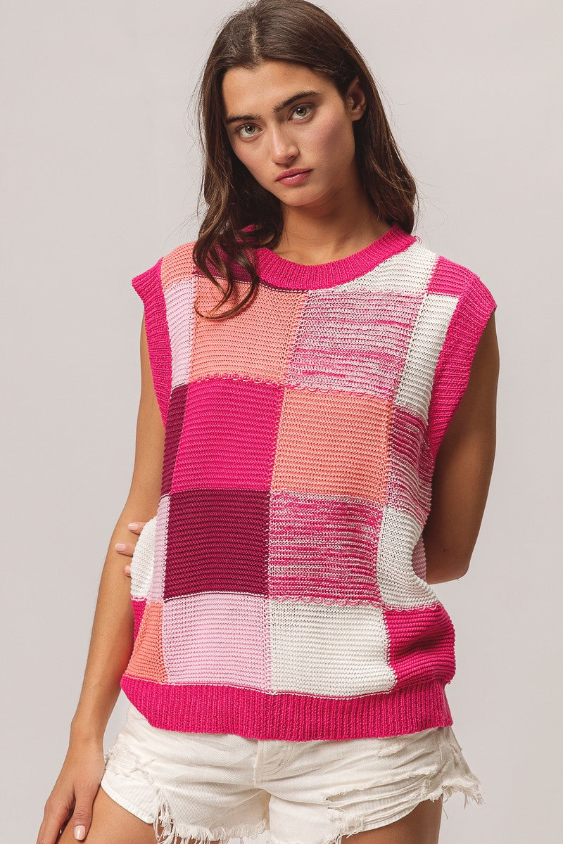 Spring Color Block Lightweight Sweater Vest- Fuchsia