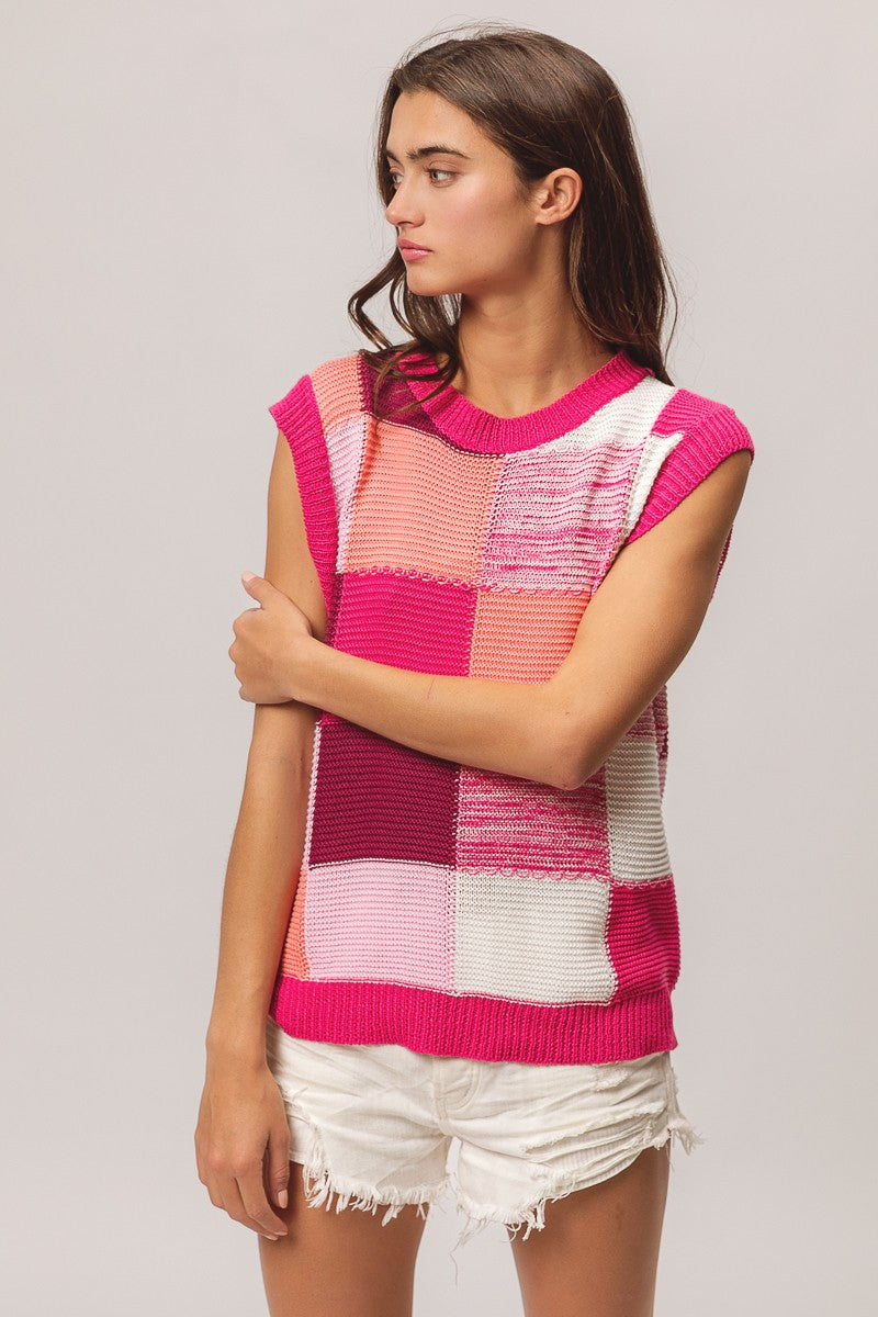 Spring Color Block Lightweight Sweater Vest- Fuchsia
