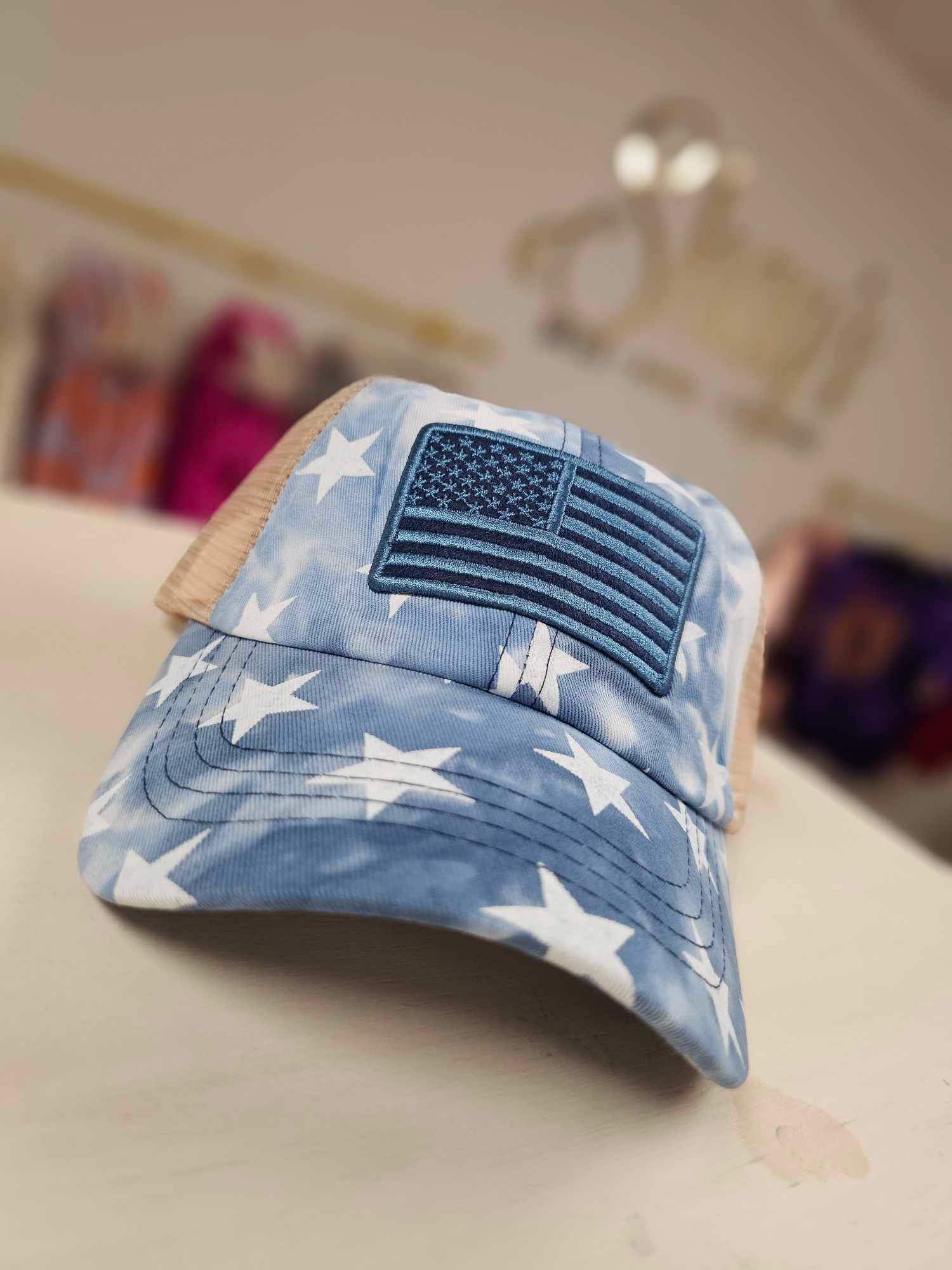 Tie Dye Star Print Ball Cap with Flag Patch